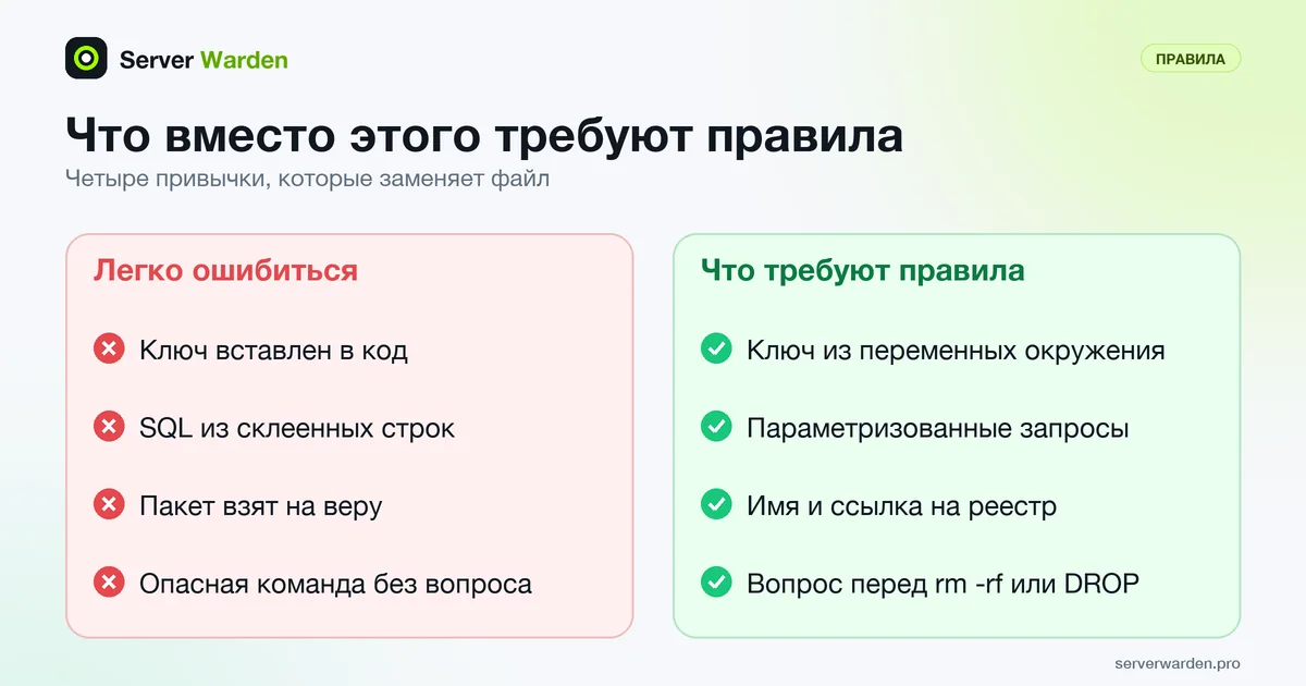 Частые ошибки ИИ-кодинга, например ключи в коде и SQL из строк, рядом с более безопасным поведением из файла правил