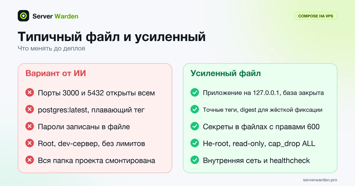 Сравнение compose-файла от ИИ и усиленного файла для VPS: порты, теги образов, секреты, пользователь и сети