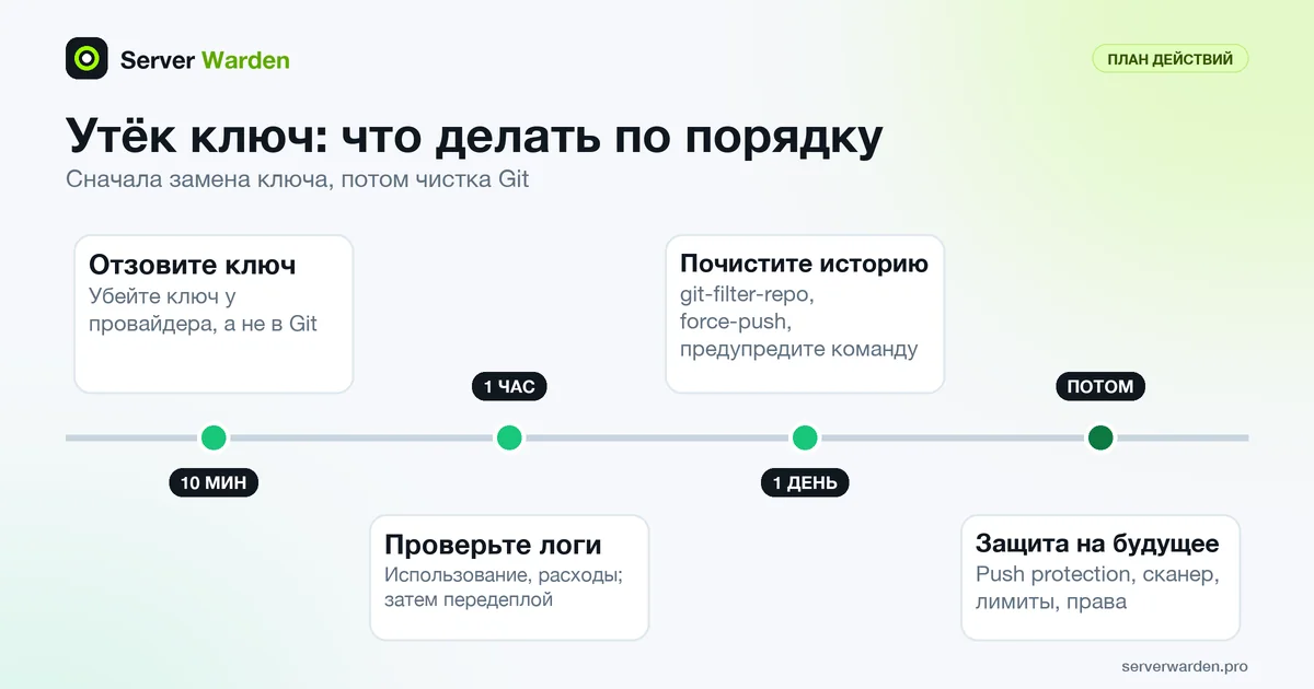 Хронология реакции на утечку ключа API: отзыв за десять минут, логи за час, чистка истории за день, затем профилактика