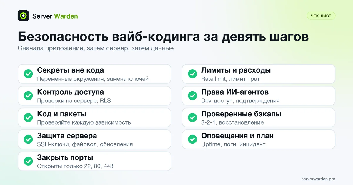 Чек-лист безопасности вайб-кодинга из девяти шагов: секреты, доступ, пакеты, сервер, порты, лимиты, ИИ-агенты, бэкапы и оповещения