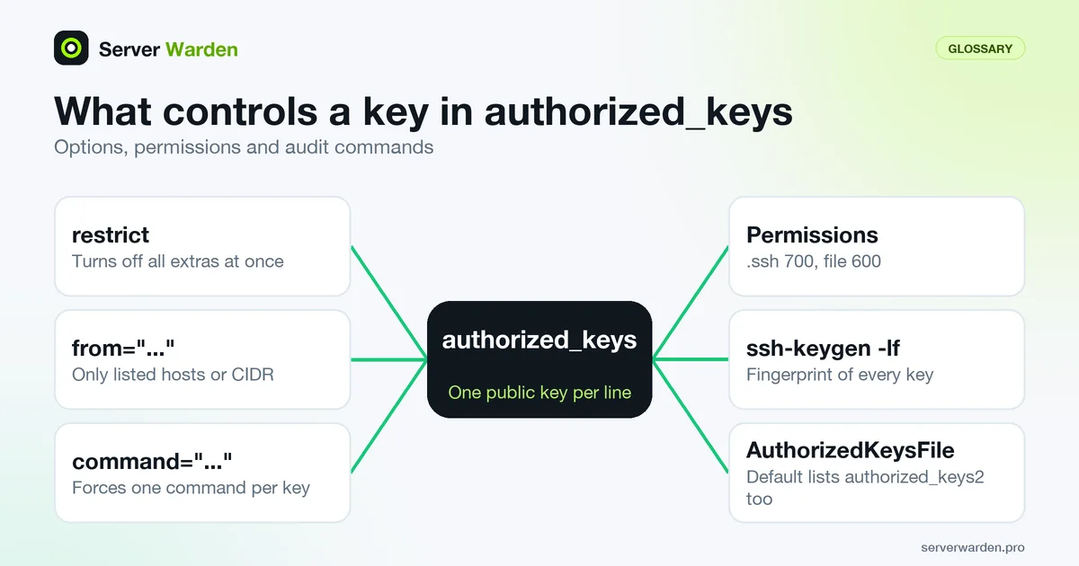 authorized_keys at the centre with six controls: restrict, from, command, permissions, ssh-keygen -lf and AuthorizedKeysFile