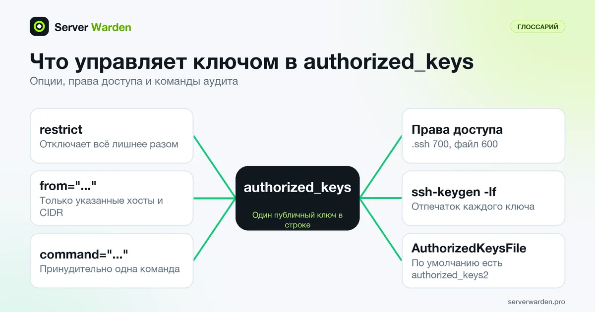authorized_keys в центре и шесть элементов контроля: restrict, from, command, права, ssh-keygen -lf, AuthorizedKeysFile