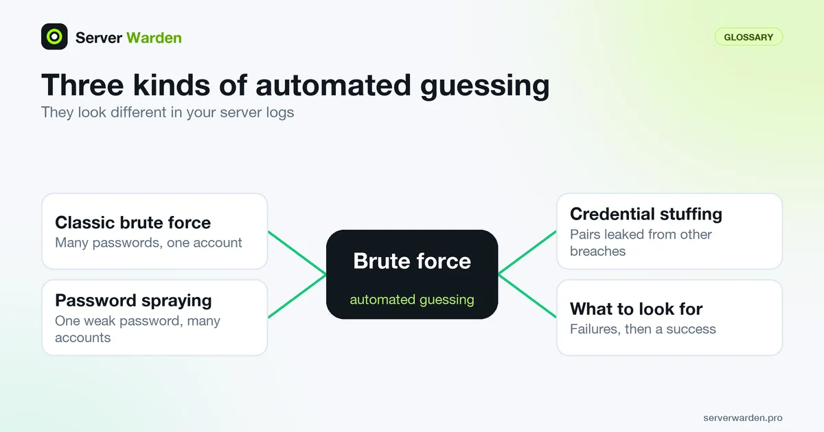 The brute-force attack and its variants: classic brute force, password spraying and credential stuffing, plus what to look for