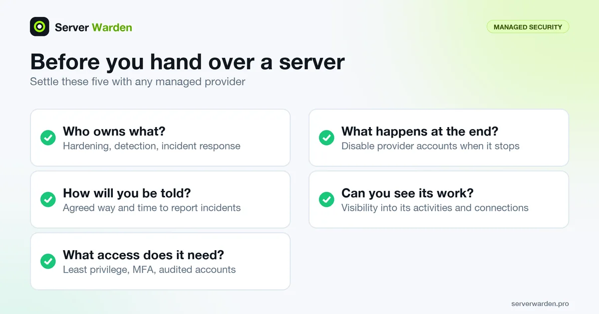 Managed security checklist of five questions: ownership, incident notice, access, offboarding and visibility into the provider's work