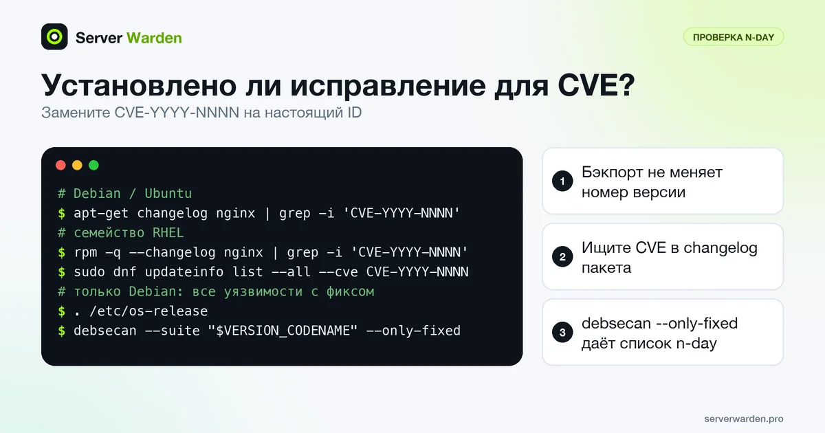 Команды терминала, проверяющие, установлено ли исправление для n-day CVE на серверах Debian, Ubuntu и семейства RHEL
