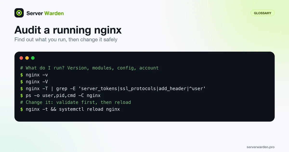Terminal with the nginx commands that show its version, modules, config and worker account, then a safe reload