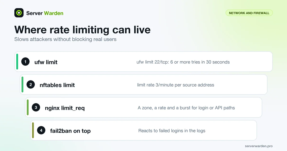 Four places to apply rate limiting on a server: ufw limit, an nftables limit, nginx limit_req and fail2ban on top