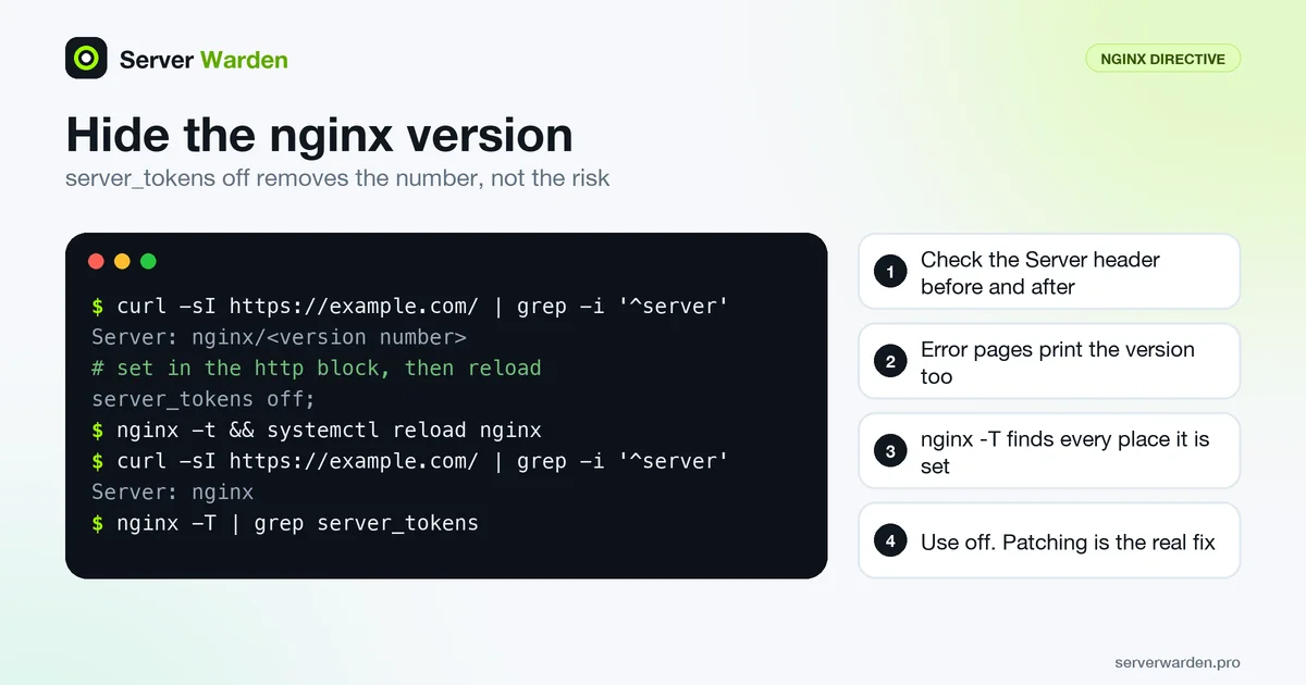 Terminal showing the Server header before and after setting server_tokens off, with the nginx version number gone