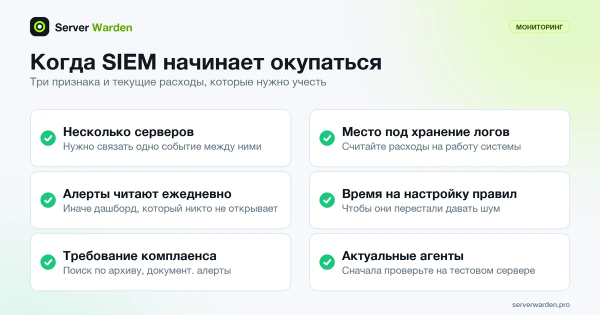 Чек-лист: когда SIEM окупается. Несколько серверов, ежедневный разбор алертов, комплаенс, затраты на хранение и настройку