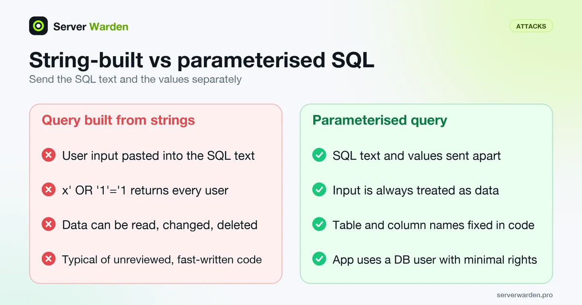 Comparison of a string-built SQL query open to injection with a parameterised query that treats input only as data