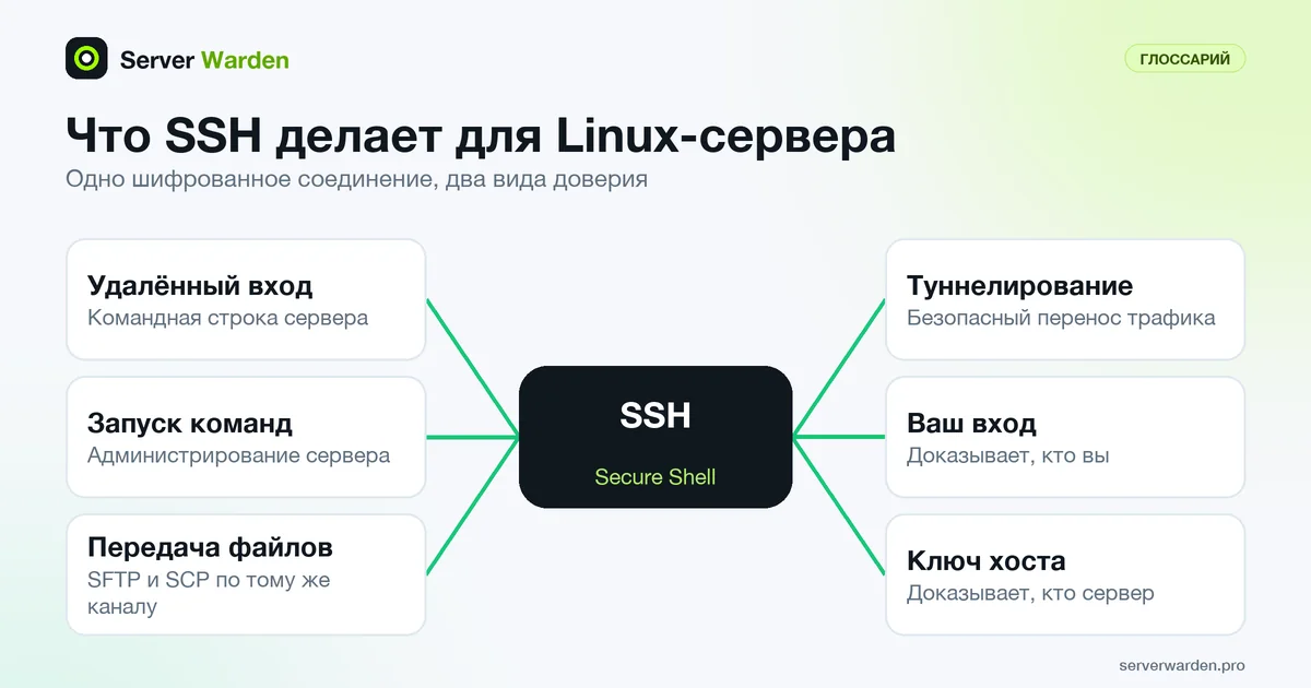 SSH в центре и шесть назначений: вход, команды, передача файлов, туннелирование, ваш вход и ключ хоста