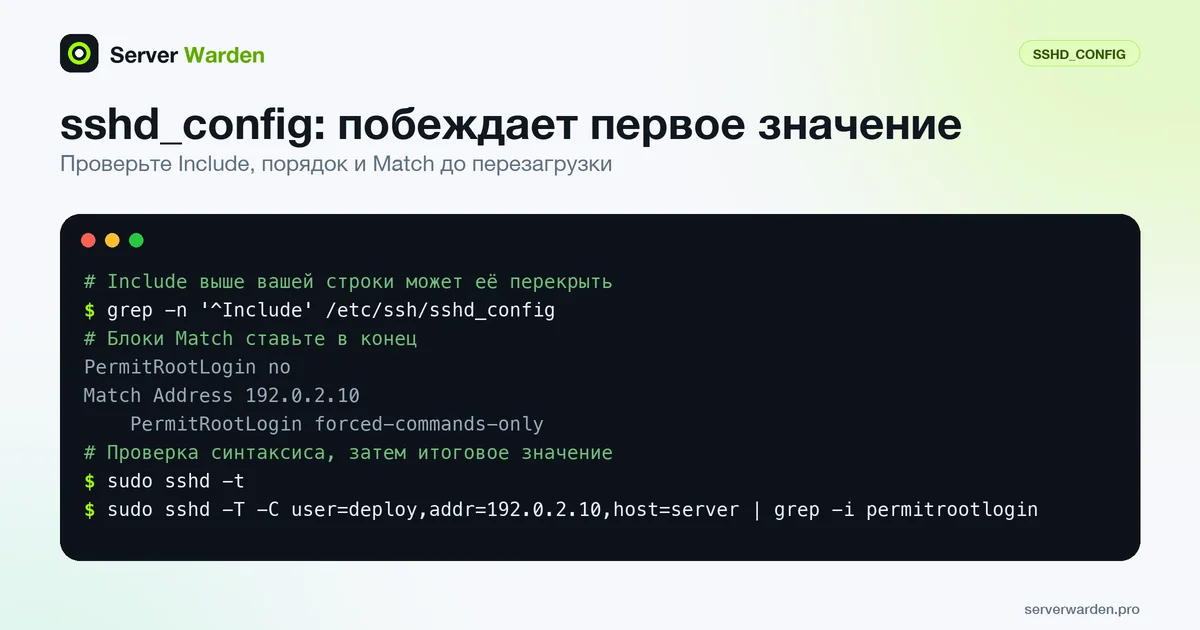 Терминал с проверкой sshd_config: поиск строк Include, блоки Match в конце, затем sshd -t и sshd -T -C