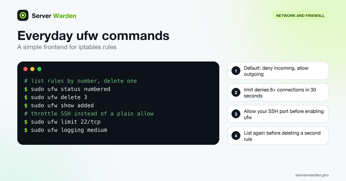 Terminal with everyday ufw commands to list numbered rules, delete one, throttle SSH with limit and set logging