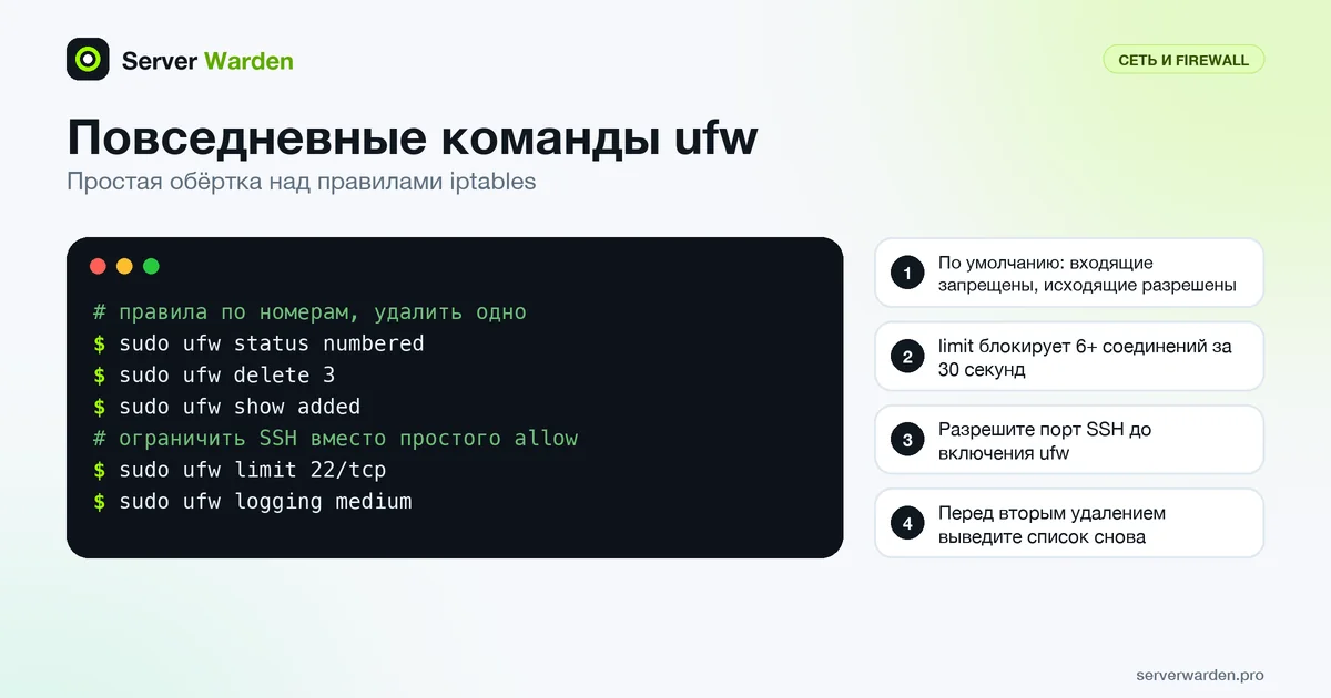 Терминал с командами ufw: нумерованный список правил, удаление, ограничение SSH через limit и уровень логов