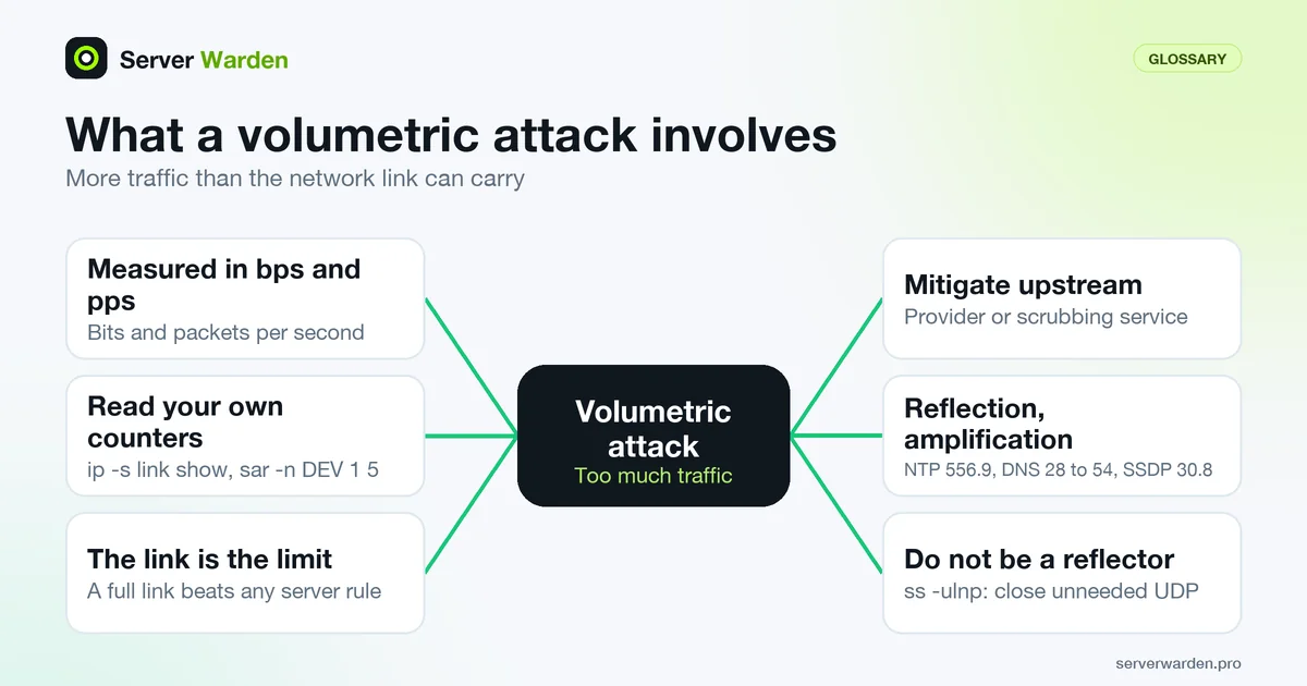 Six facts about a volumetric attack: measuring bps and pps, the saturated link, upstream mitigation and UDP reflection