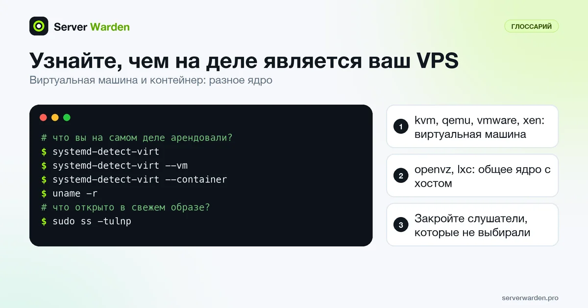 Команды терминала, которые показывают, чем является VPS, виртуальной машиной или контейнером, и какие порты открыты